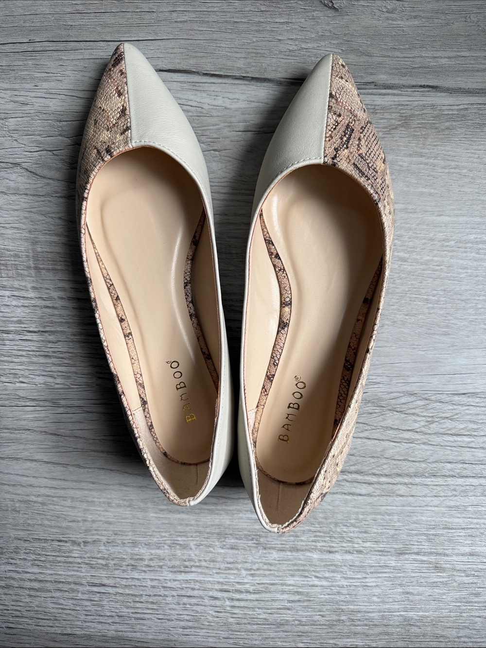 BAMBOO Cream Pointed Toe Flats with Snake-Print Accents